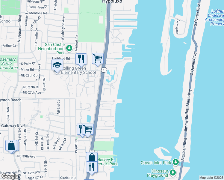 map of restaurants, bars, coffee shops, grocery stores, and more near 30 South Lakeshore Drive in Hypoluxo