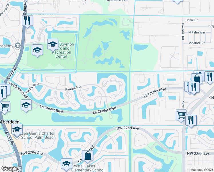 map of restaurants, bars, coffee shops, grocery stores, and more near 5513 Parkwalk Circle East in Boynton Beach