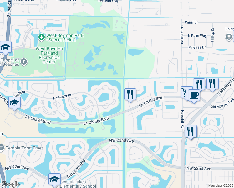 map of restaurants, bars, coffee shops, grocery stores, and more near 5662 Parkwalk Circle East in Boynton Beach