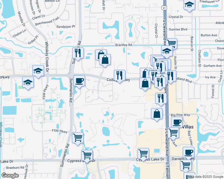 map of restaurants, bars, coffee shops, grocery stores, and more near 7401 College Parkway in Fort Myers