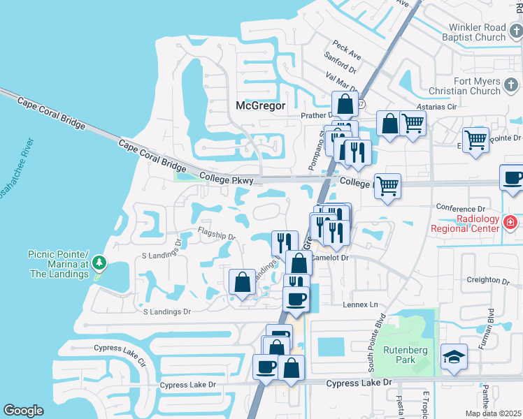 map of restaurants, bars, coffee shops, grocery stores, and more near 9540 Mariners Cove Lane in Fort Myers