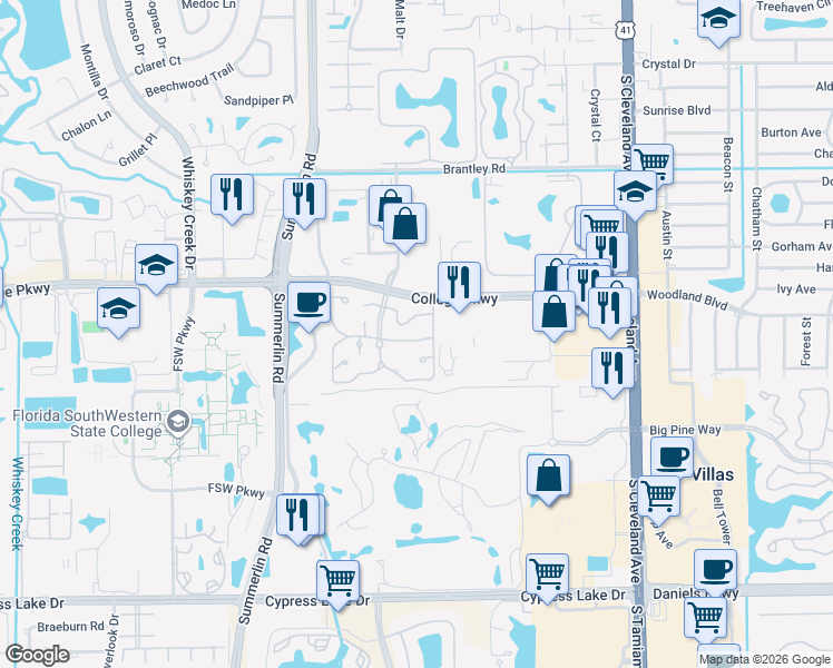 map of restaurants, bars, coffee shops, grocery stores, and more near 3271 Royal Canadian Trace in Fort Myers