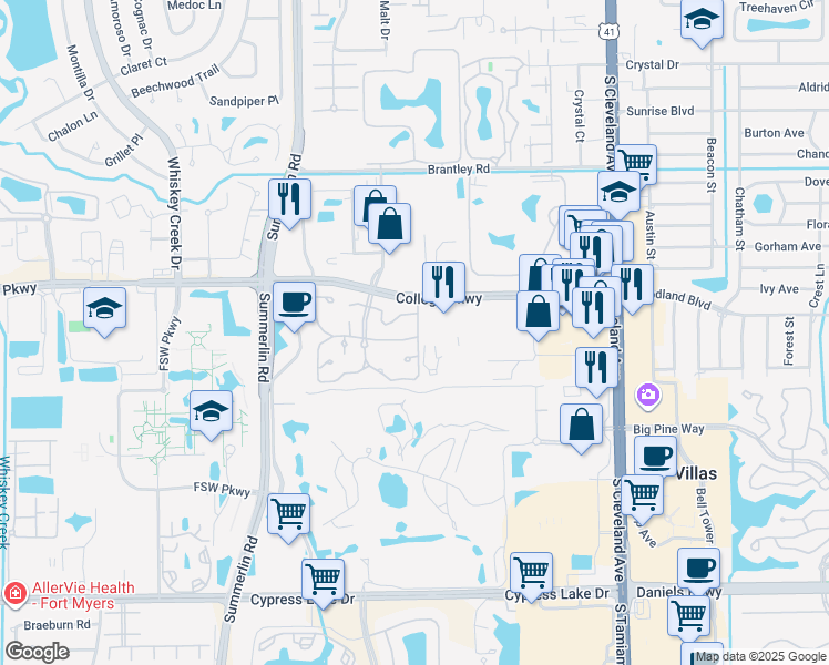 map of restaurants, bars, coffee shops, grocery stores, and more near 7401 College Parkway in Fort Myers