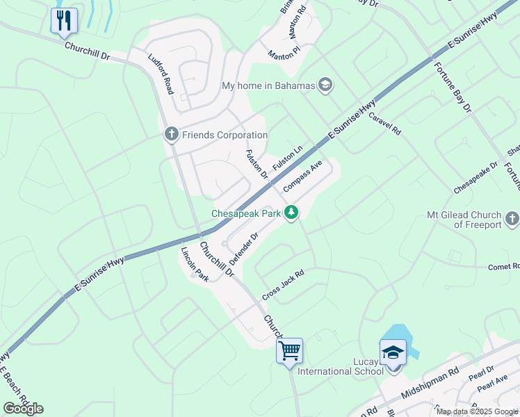 map of restaurants, bars, coffee shops, grocery stores, and more near East Sunrise Highway in Freeport