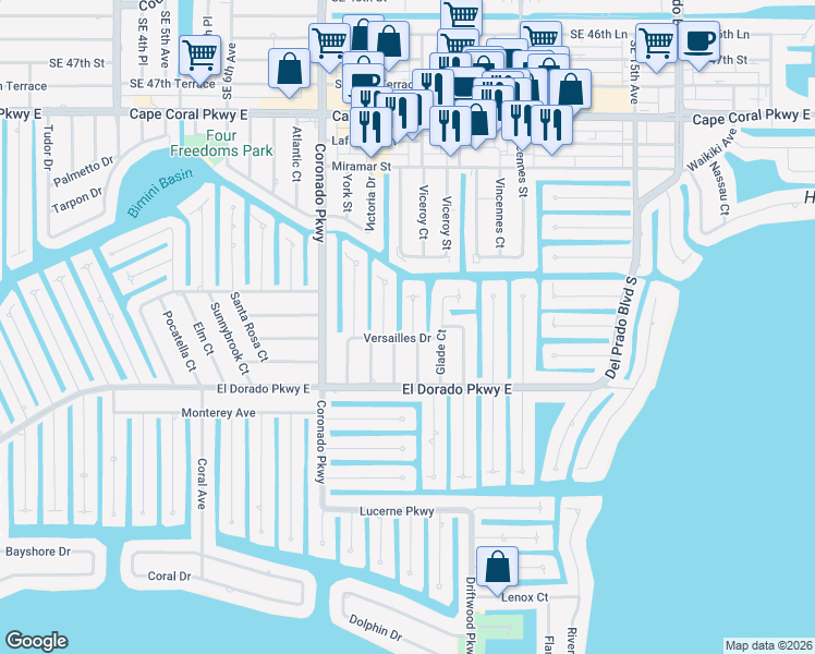 map of restaurants, bars, coffee shops, grocery stores, and more near 5132 Calusa Court in Cape Coral