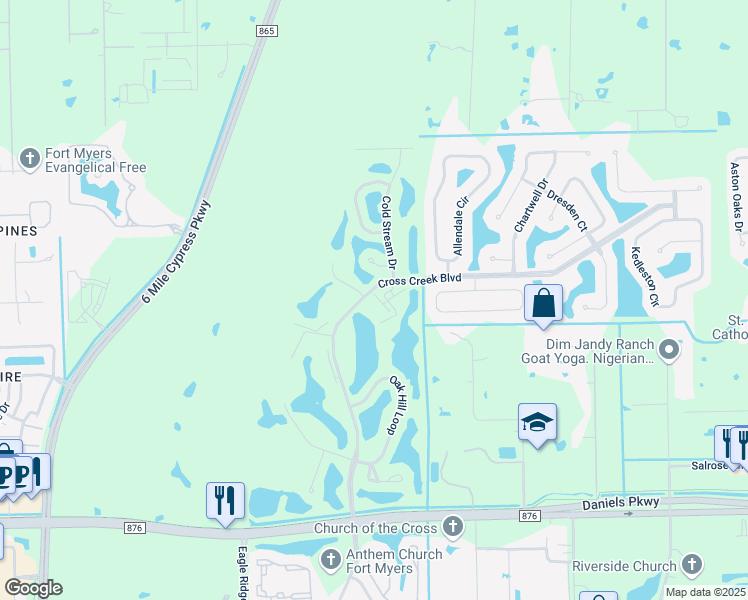 map of restaurants, bars, coffee shops, grocery stores, and more near 13011 Cross Creek Boulevard in Fort Myers