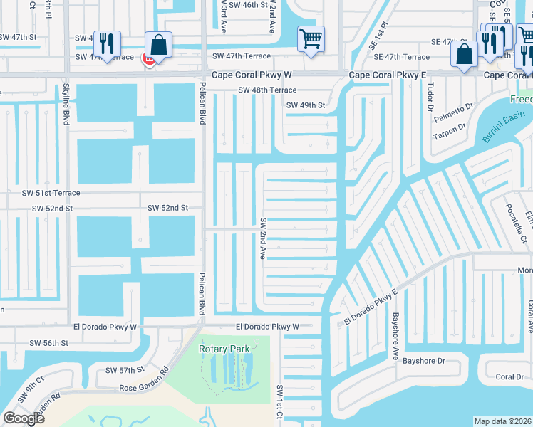 map of restaurants, bars, coffee shops, grocery stores, and more near 163 Southwest 52nd Terrace in Cape Coral