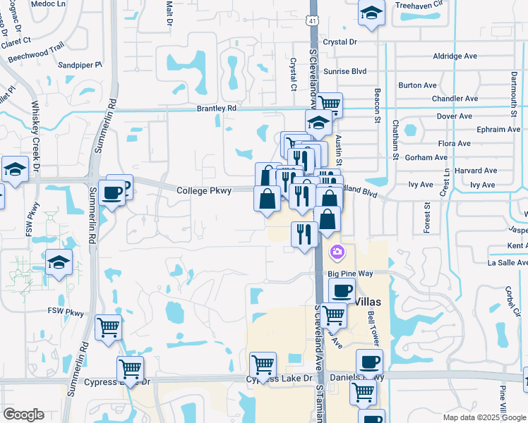 map of restaurants, bars, coffee shops, grocery stores, and more near Kenwood Lane in Villas
