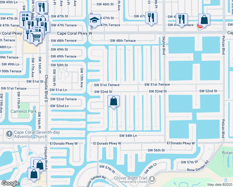 map of restaurants, bars, coffee shops, grocery stores, and more near 1106 Southwest 52nd Street in Cape Coral