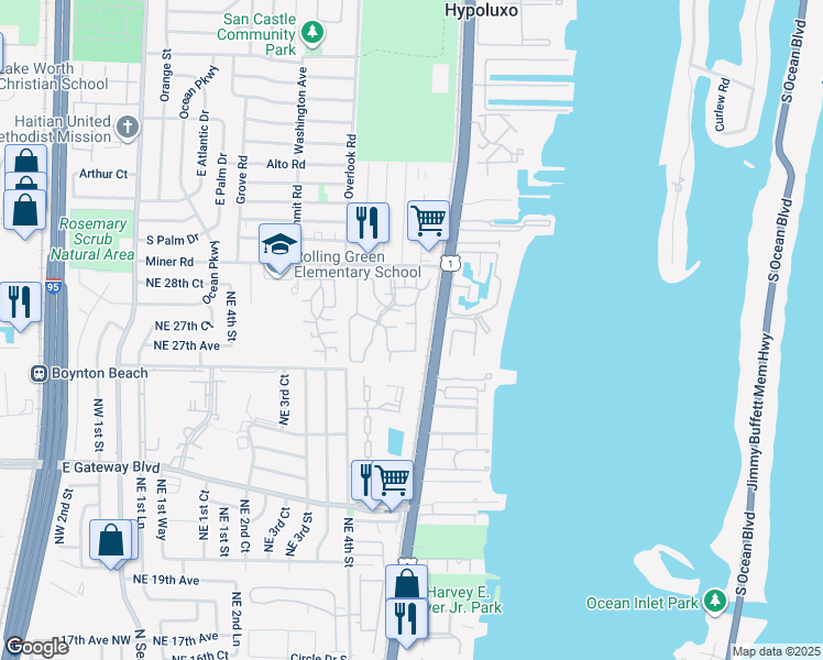 map of restaurants, bars, coffee shops, grocery stores, and more near 533 Waterside Drive in Hypoluxo
