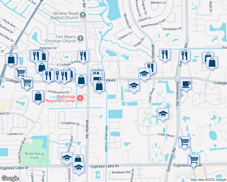 map of restaurants, bars, coffee shops, grocery stores, and more near 8351 College Parkway in Fort Myers