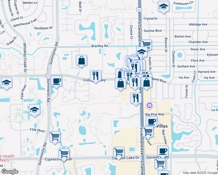 map of restaurants, bars, coffee shops, grocery stores, and more near in Villas