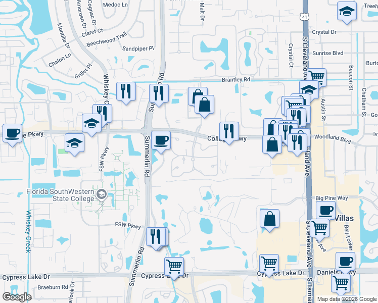map of restaurants, bars, coffee shops, grocery stores, and more near 3321 Ottawa Circle in Fort Myers