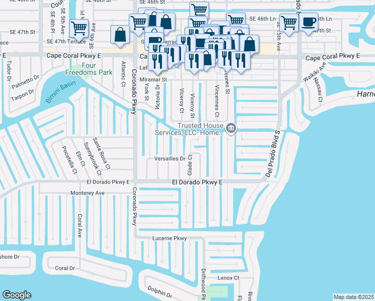map of restaurants, bars, coffee shops, grocery stores, and more near 5142 Glade Court in Cape Coral