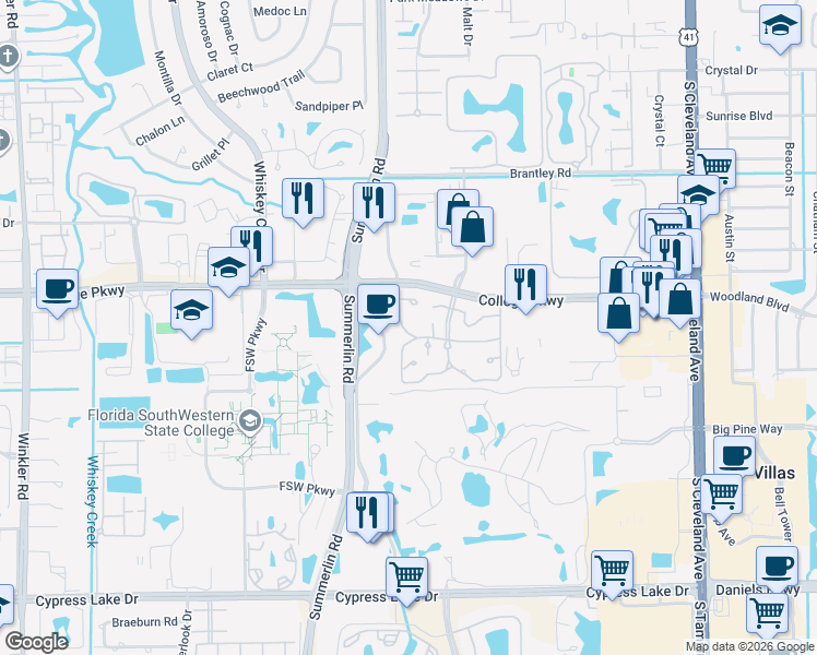 map of restaurants, bars, coffee shops, grocery stores, and more near 3413 New South Province Boulevard in Fort Myers