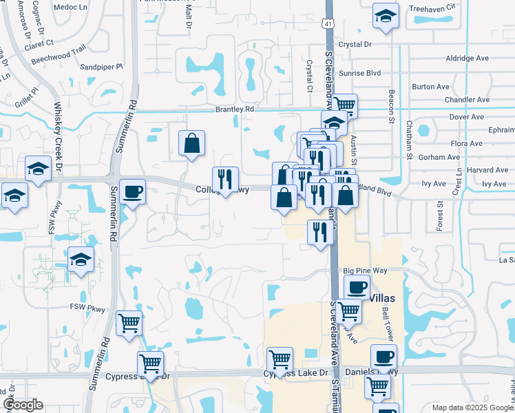 map of restaurants, bars, coffee shops, grocery stores, and more near in Villas