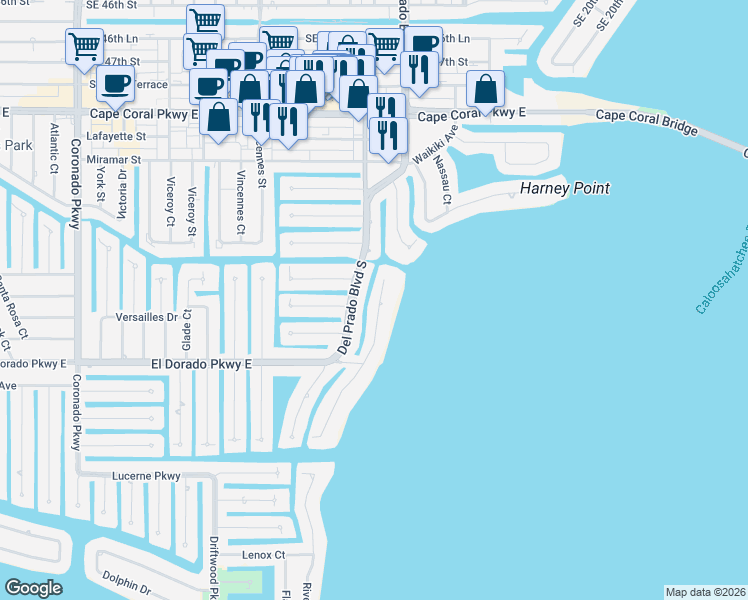 map of restaurants, bars, coffee shops, grocery stores, and more near 5226 Nautilus Drive in Cape Coral