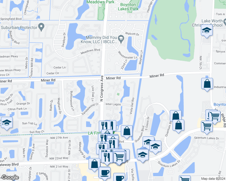 map of restaurants, bars, coffee shops, grocery stores, and more near 28 Vía De Casas Norte in Boynton Beach