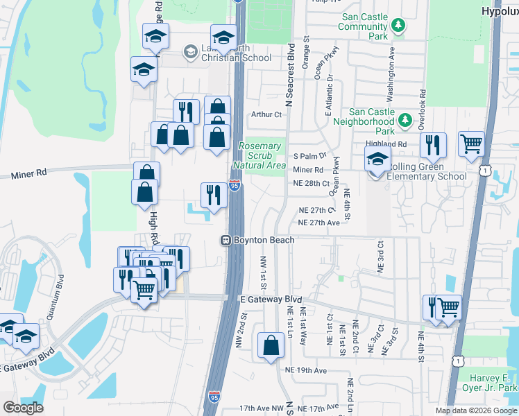 map of restaurants, bars, coffee shops, grocery stores, and more near 2740 Northwest 2nd Street in Boynton Beach