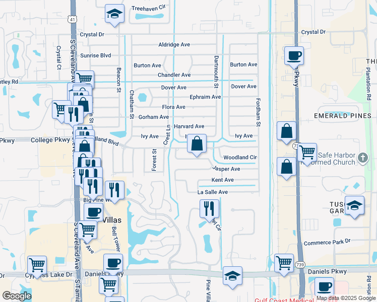 map of restaurants, bars, coffee shops, grocery stores, and more near 2330 Woodland Boulevard in Fort Myers