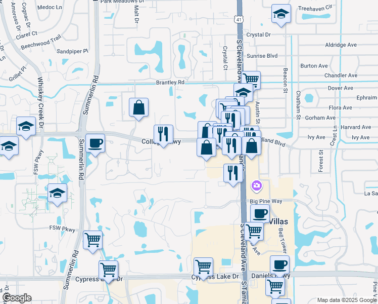 map of restaurants, bars, coffee shops, grocery stores, and more near in Villas