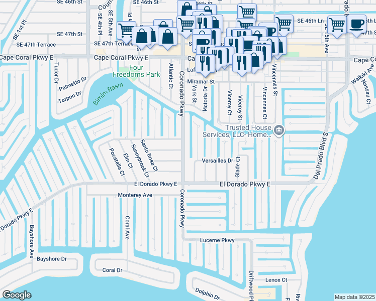 map of restaurants, bars, coffee shops, grocery stores, and more near 5136 York Court in Cape Coral