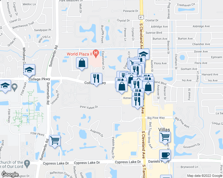 map of restaurants, bars, coffee shops, grocery stores, and more near in Villas