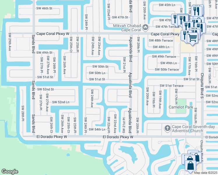 map of restaurants, bars, coffee shops, grocery stores, and more near 2217 Southwest 52nd Street in Cape Coral