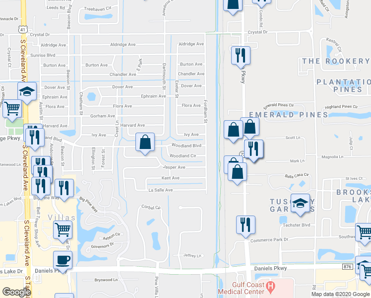 map of restaurants, bars, coffee shops, grocery stores, and more near 2432 Woodland Boulevard in Fort Myers