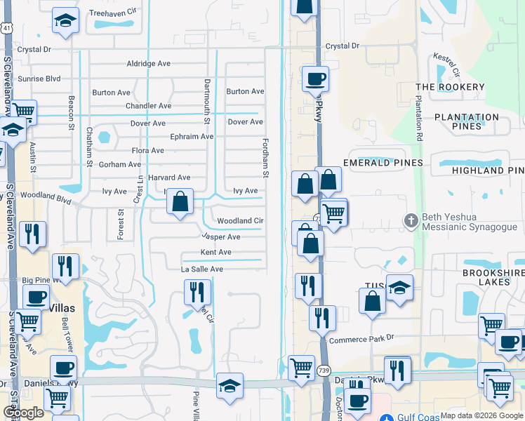 map of restaurants, bars, coffee shops, grocery stores, and more near 8821 Fordham Street in Fort Myers