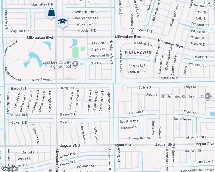 map of restaurants, bars, coffee shops, grocery stores, and more near 859 Bently Street East in Lehigh Acres