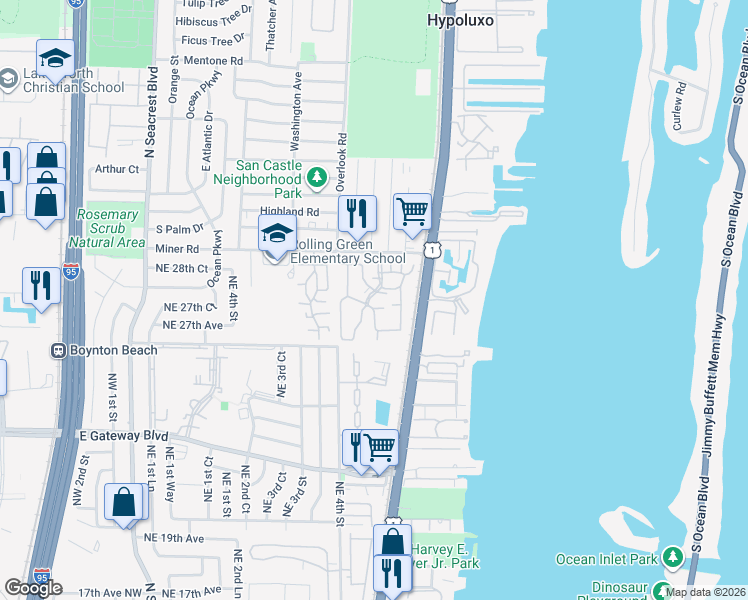 map of restaurants, bars, coffee shops, grocery stores, and more near 533 Waterside Drive in Hypoluxo