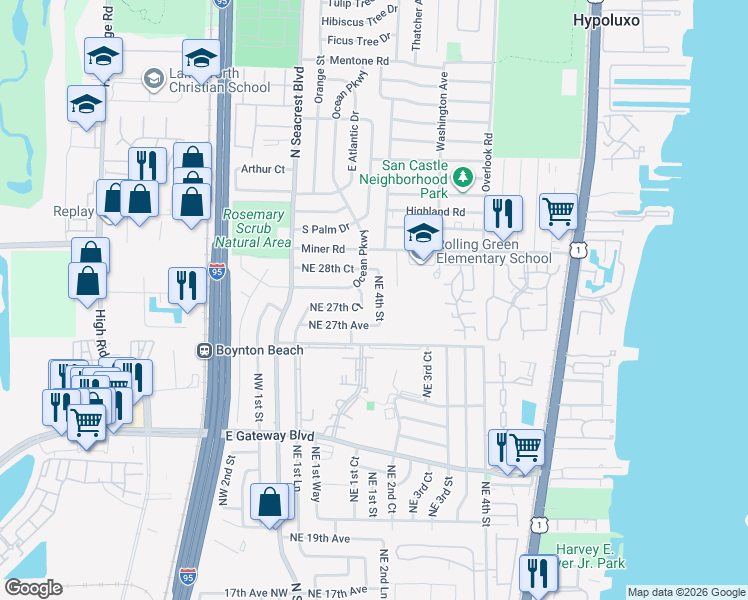 map of restaurants, bars, coffee shops, grocery stores, and more near 390 Ocean Parkway in Boynton Beach