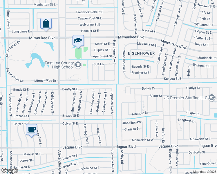 map of restaurants, bars, coffee shops, grocery stores, and more near 859 Bently Street East in Lehigh Acres