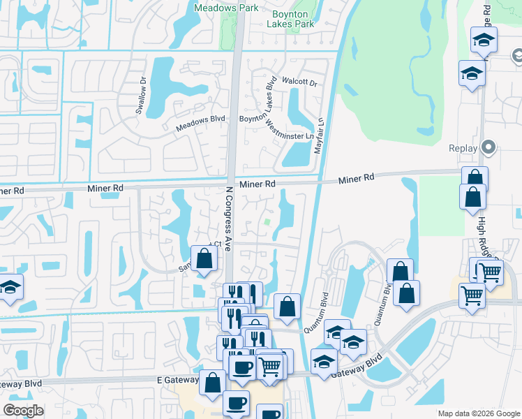 map of restaurants, bars, coffee shops, grocery stores, and more near 121 Vía De Casas Norte in Boynton Beach