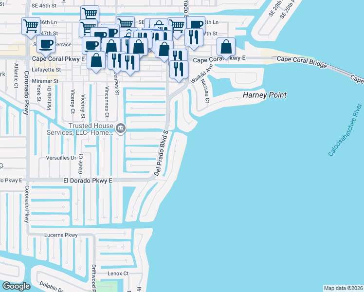 map of restaurants, bars, coffee shops, grocery stores, and more near 5221 Nautilus Drive in Cape Coral
