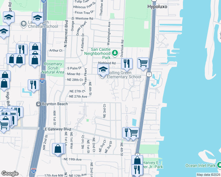 map of restaurants, bars, coffee shops, grocery stores, and more near 8110 Ambach Way in Hypoluxo