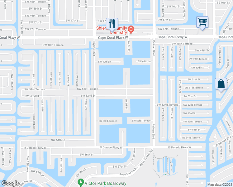 map of restaurants, bars, coffee shops, grocery stores, and more near 611 Southwest 52nd Street in Cape Coral