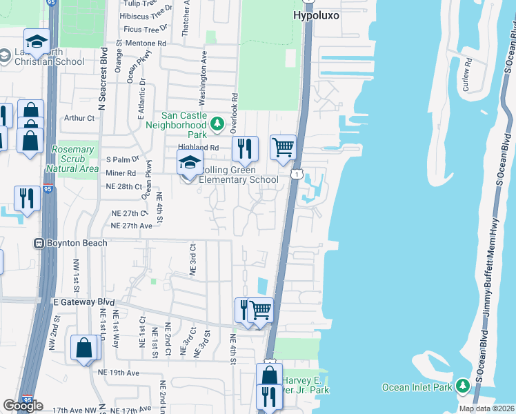 map of restaurants, bars, coffee shops, grocery stores, and more near 533 Waterside Drive in Hypoluxo