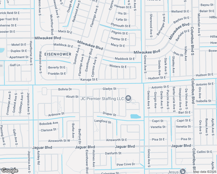 map of restaurants, bars, coffee shops, grocery stores, and more near 1027 Gladys Street in Lehigh Acres