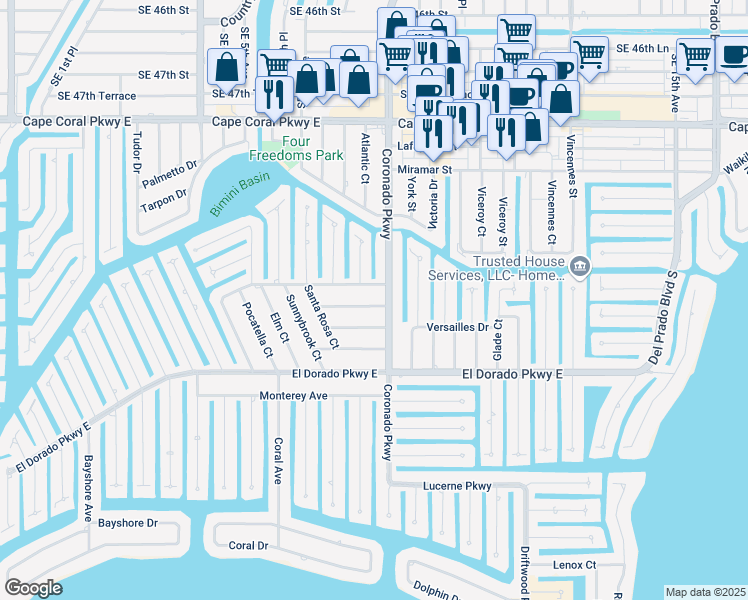 map of restaurants, bars, coffee shops, grocery stores, and more near 737 Sesame Court in Cape Coral