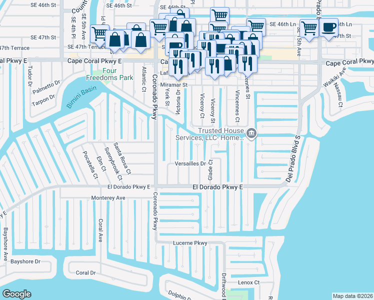 map of restaurants, bars, coffee shops, grocery stores, and more near 5121 Rutland Court in Cape Coral