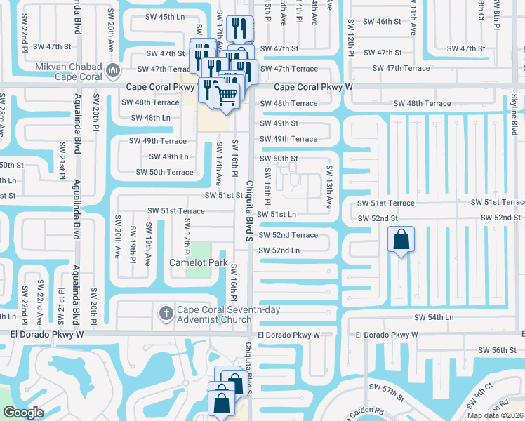 map of restaurants, bars, coffee shops, grocery stores, and more near 5121 Chiquita Boulevard South in Cape Coral