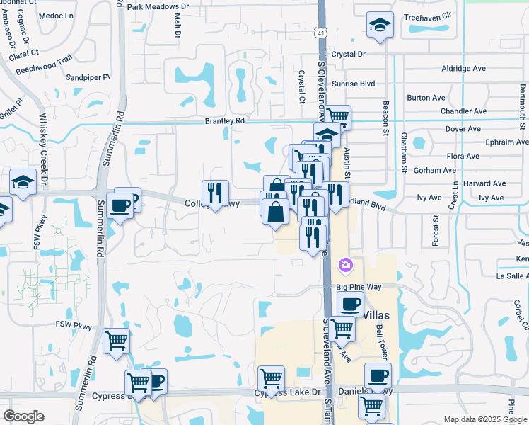 map of restaurants, bars, coffee shops, grocery stores, and more near in Villas