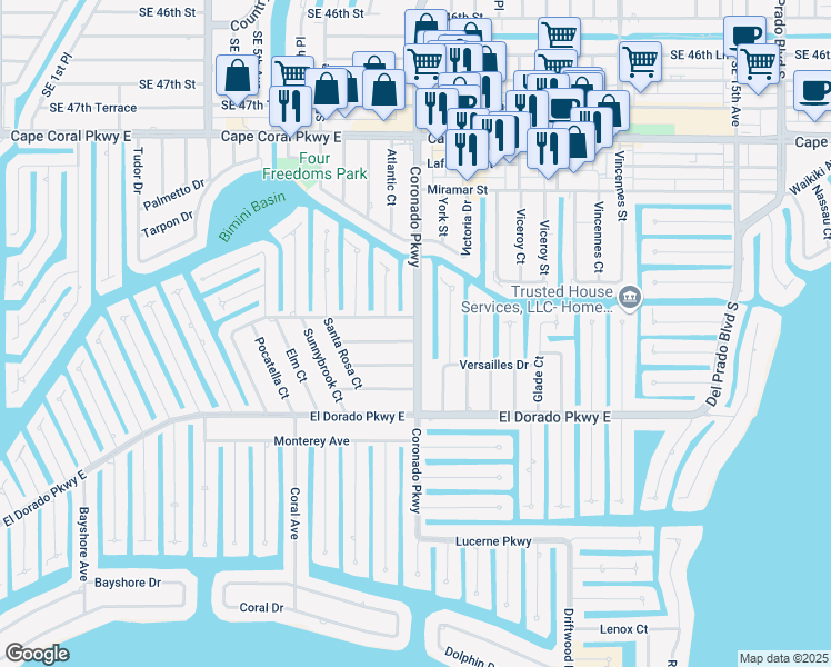 map of restaurants, bars, coffee shops, grocery stores, and more near 737 Sesame Court in Cape Coral