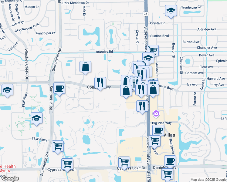 map of restaurants, bars, coffee shops, grocery stores, and more near in Villas