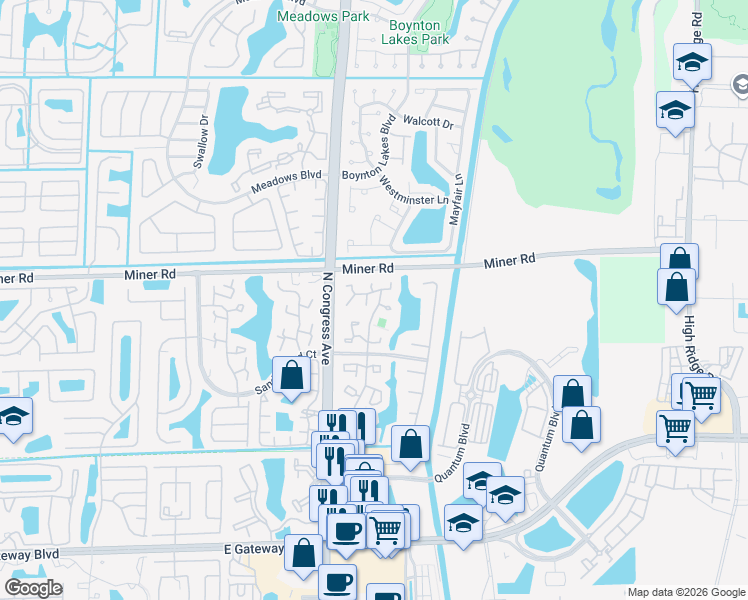 map of restaurants, bars, coffee shops, grocery stores, and more near 121 Vía De Casas Norte in Boynton Beach