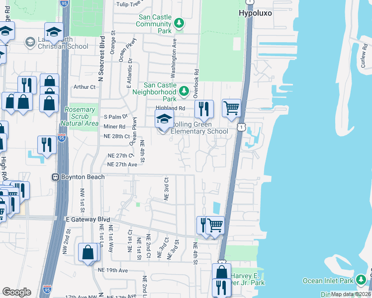 map of restaurants, bars, coffee shops, grocery stores, and more near 8110 Ambach Way in Hypoluxo