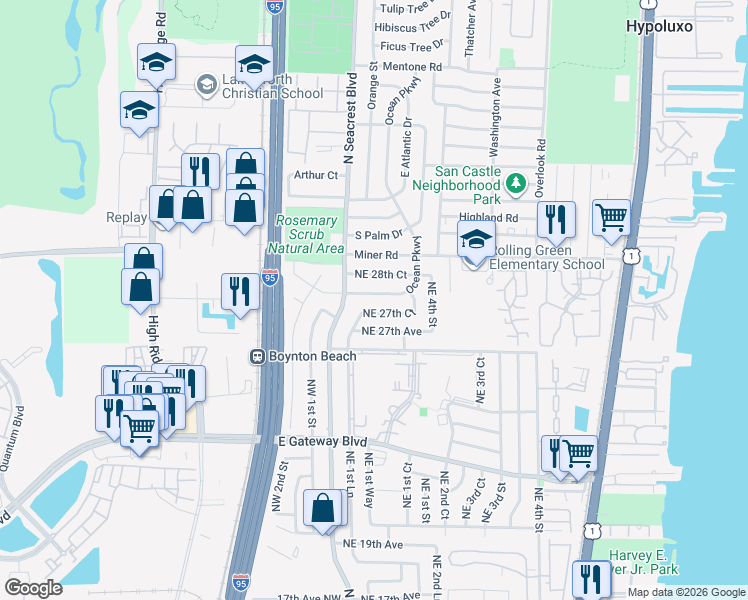 map of restaurants, bars, coffee shops, grocery stores, and more near 150 Ocean Parkway in Boynton Beach