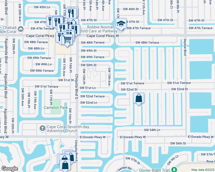 map of restaurants, bars, coffee shops, grocery stores, and more near 5124 Southwest 13th Avenue in Cape Coral